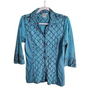 Parsley & Sage Torquoise Antiqued Unique Art To Wear Silver Button Top Size S